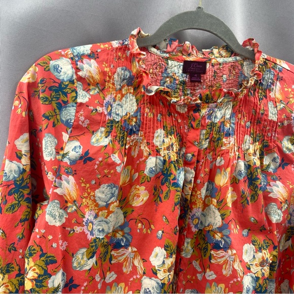 J.Crew Liberty Fabric Josephine Pintuck Popover Blouse Coral Floral Ruffle Neck - Picture 4 of 9